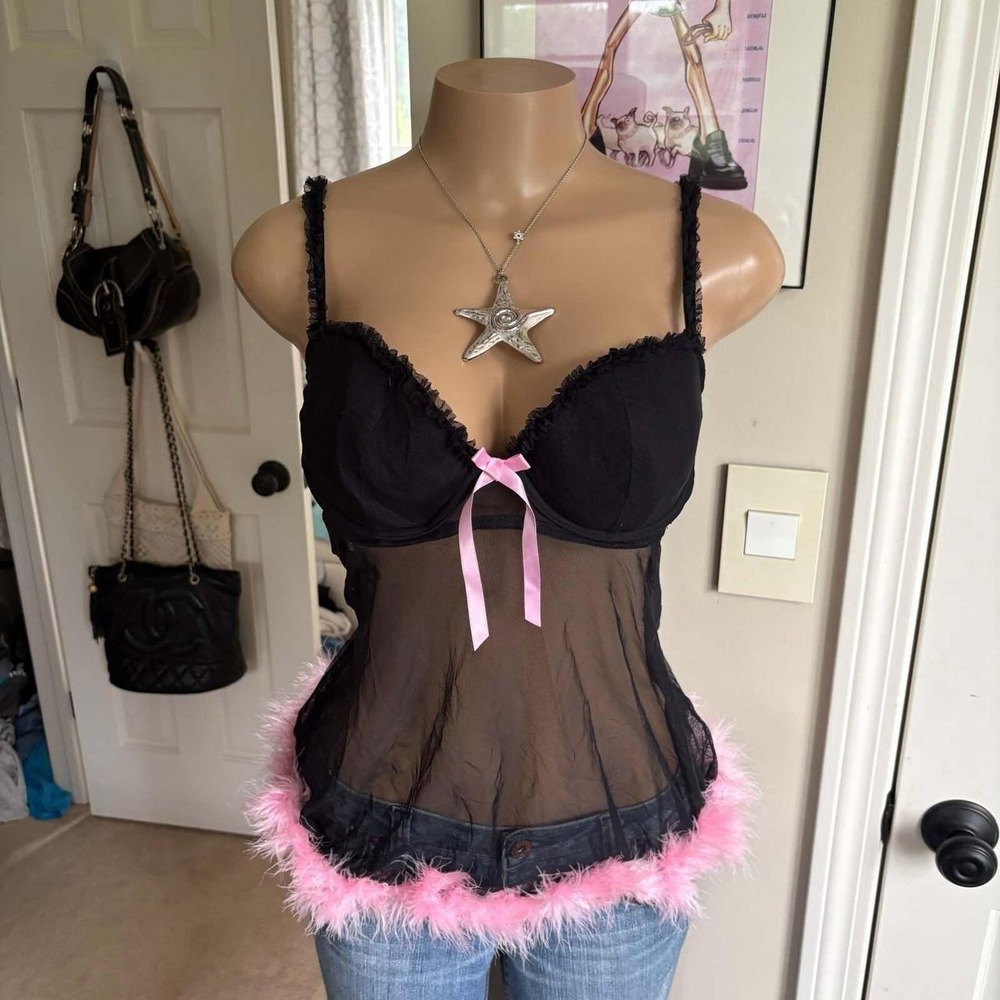 y2k 2000s bimbo black sheer mesh pink feather babydoll top